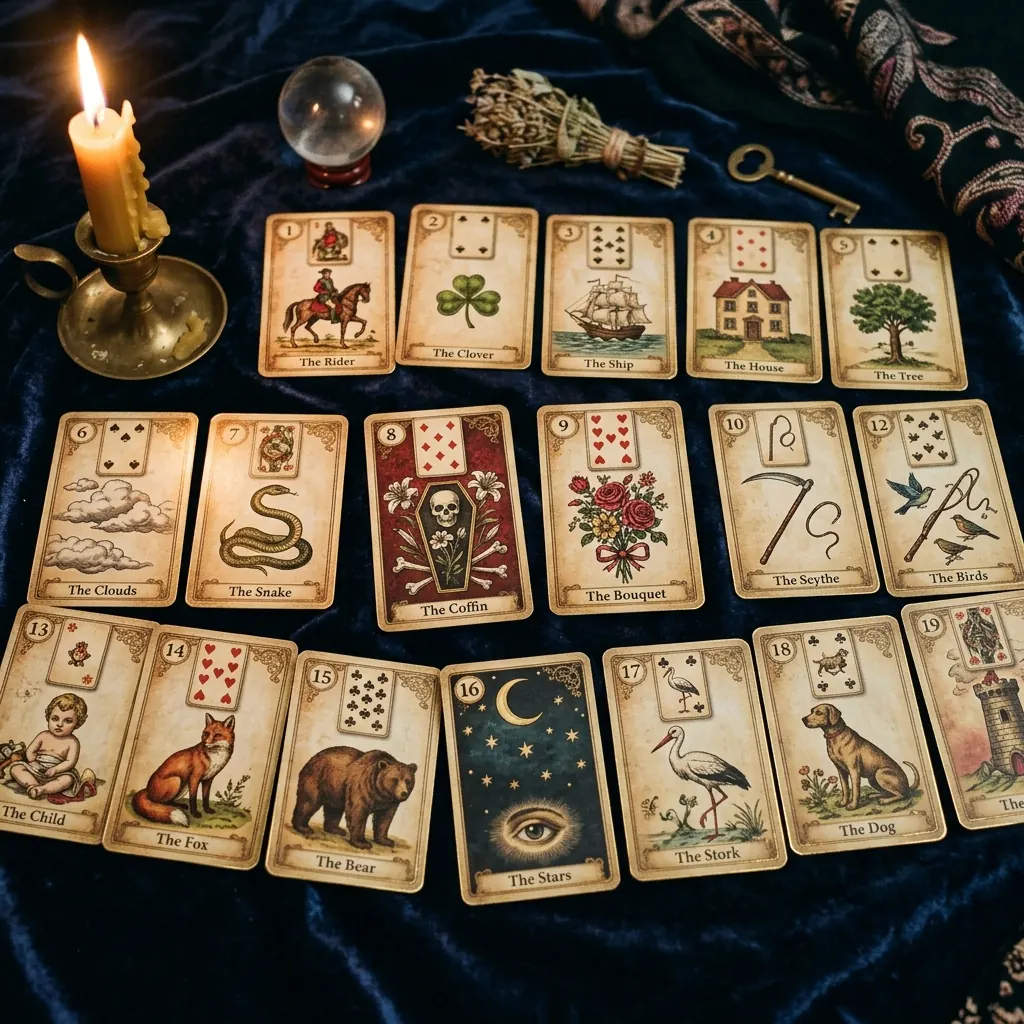 Cartas do Baralho Cigano enfileiradas sobre veludo azul, ao lado de uma vela e uma bola de cristal